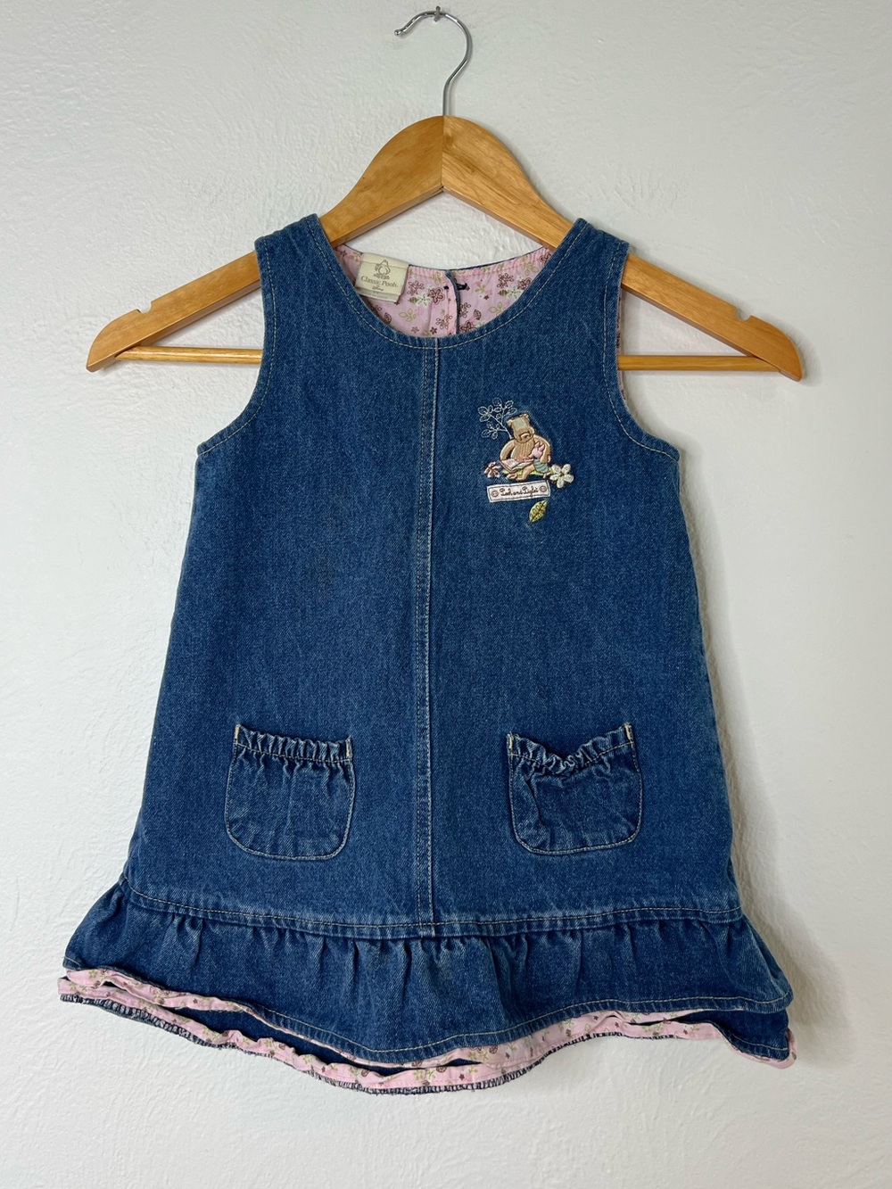 Vintage Classic Pooh Denim Jumper Dress with Pink Floral Lining size 4T